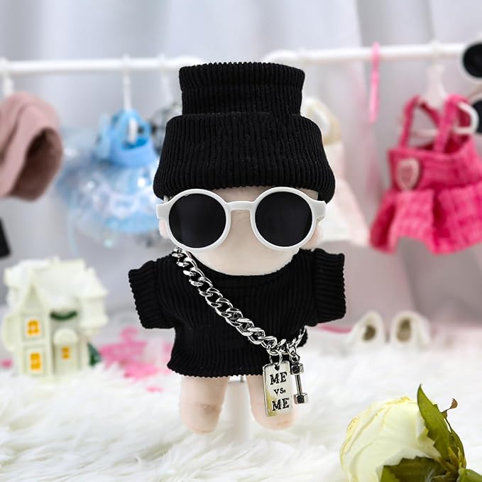 Doll Clothes 15cm Black Outfits for Dolls Cool Black Clothes Set Sweater Headband Glasses and Necklace Stylish Clothes Accessories (Style 8)
