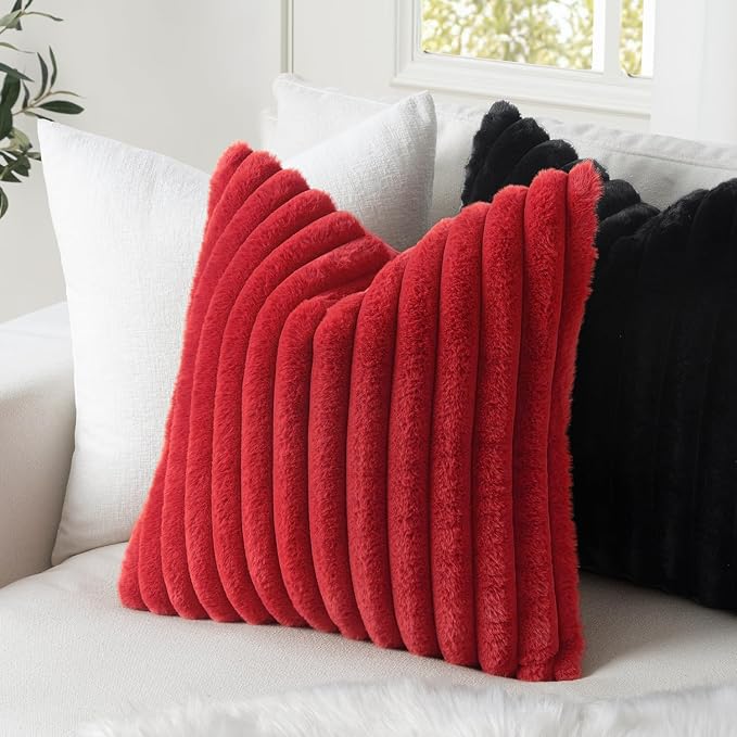 MIULEE Faux Fur Decorative Throw Pillow Covers 18x18 Set of 2 Red | Modern Soft Plush Couch Pillows, Cozy Fluffy Cushion Covers for Sofa Bed Living Room Home Decor