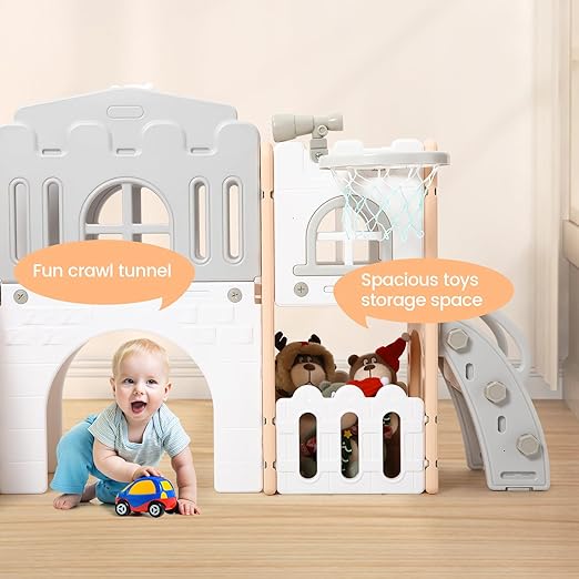 Toddler Slide 8-in-1 Toddler Playset with Slide for Ages 1-3 – Indoor & Outdoor Kids Playground Including Climber, Crawl Tunnel, Basketball Hoop, Telescope & Storage