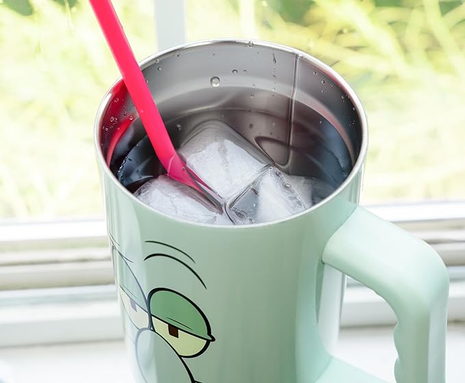 Silver Buffalo SpongeBob SquarePants Double Walled Stainless Steel Tumbler with Handle Featuring Squidward, Fits in Standard Cup Holder, 40 Ounces