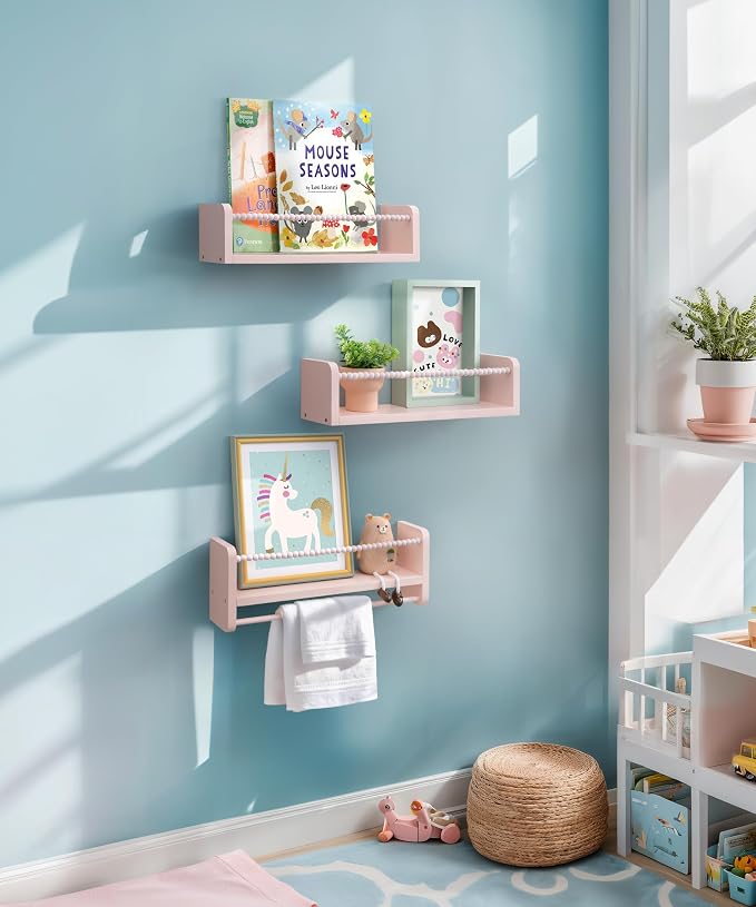 Maxpeuvon Nursery Book Shelves for Wall, Pink Floating Shelves Set of 3 | Natural Wood Nursery Shelves, with Towel Bar, Storage Shelf for Books, Toys and Decor, for Kids Room, Playroom, Bedroom