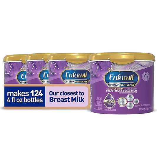 Enfamil Optimum Gentlease Baby Formula, Our Closest Formula to Breast Milk For Fussiness, Crying, Gas & Spit-up, Immune-Supporting Lactoferrin also found in Breast Milk, 19.5 Oz, Pack of 4
