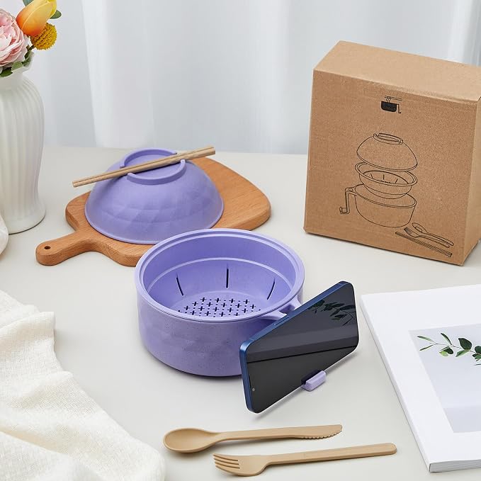 1 Set Microwave Ramen Cooker 40oz Wheat Straw Microwave Noodle Bowl Set with Chopsticks, Spoon, Fork, College Dorm Office Apartment Essentials (Purple)