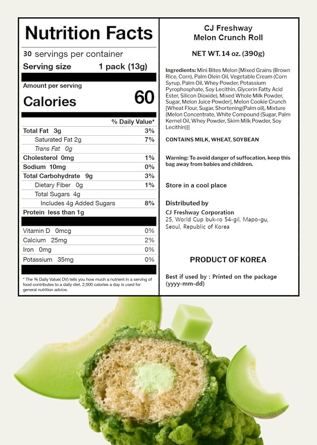Korean Food CJ Freshway Melon Crunch Roll Snack, 30Pc, 10.6oz Sweet Melon | Crispy Korean grain rolls with sweet melon cream filling, individually wrapped in 30 pieces