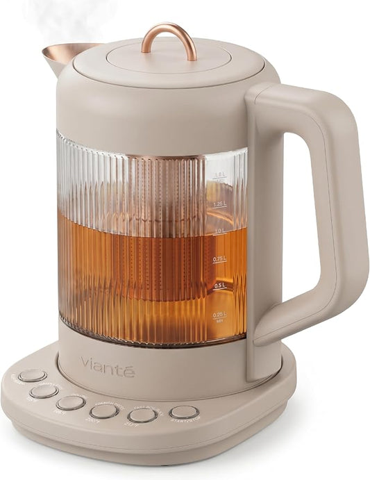 Viante Nina Electric Tea Kettle with Infuser, No Plastic In Contact With Water, 1.5L Borosilicate Glass, 304 Stainless Steel, 4 Temp Presets, Keep Warm, Cordless, Auto Shut-Off, Beige