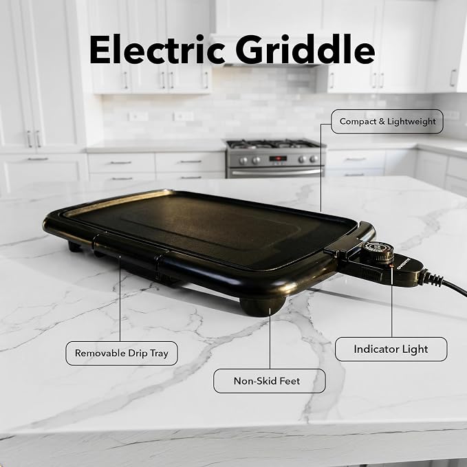 OVENTE Electric Griddle with 16 x 10 Inch Non-Stick Plate, Black GD1610B | Removable and Adjustable Temperature Control, Indoor Grill perfect for Instant Breakfast, Pancakes, Eggs or Burgers