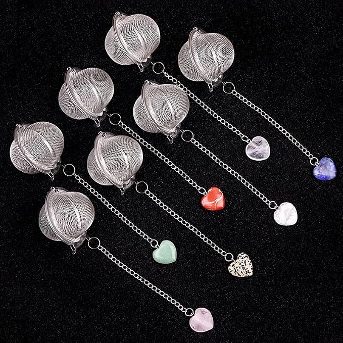 5 Pcs Stainless Steel Tea Ball Infusers with Heart Natural Crystal Charms, Fine Mesh Tea Strainers with Extension Chain & Hook for Loose Leaf Tea, Spices, Seasonings
