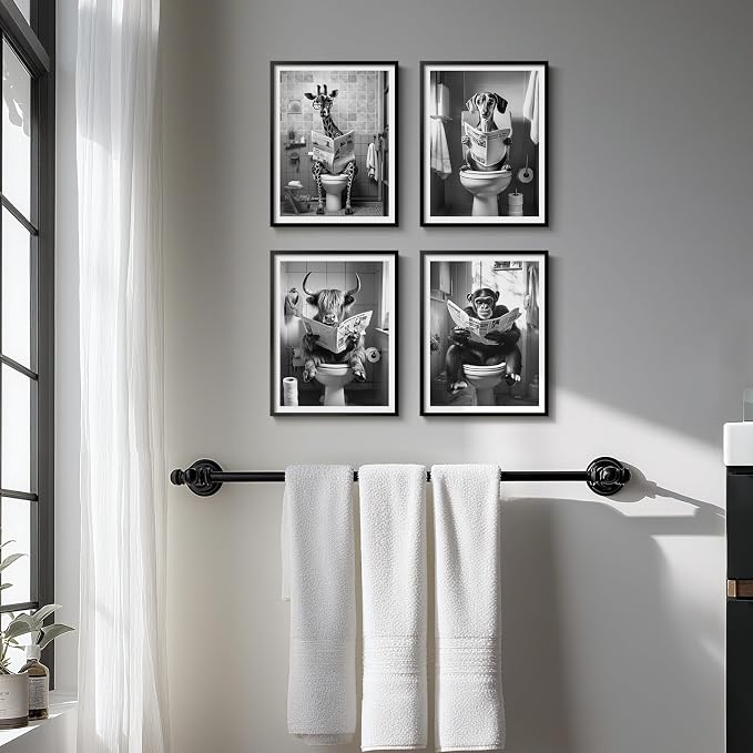 Framed Black and White Bathroom Wall Art Decor, 4 Piece Modern Animal Canvas Prints Painting Artwork, Dog Highland Cow Giraffe Sitting on Toilet Reading Newspaper Pictures for Toilet Restroom, 11x14