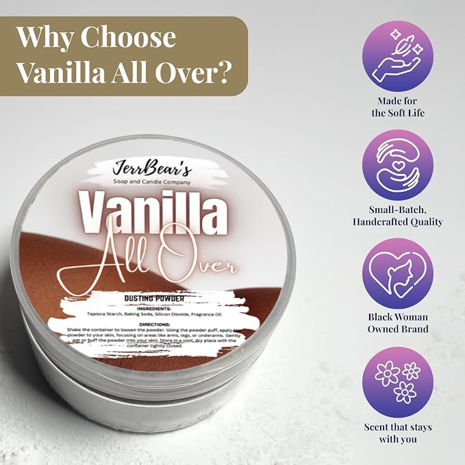 Vanilla All Over Dusting Powder for Women, 4oz Jar | Talc Free Body Formula, Soft Scented Skin Care, Gentle Powder for Daily Freshness, Includes Puff Application