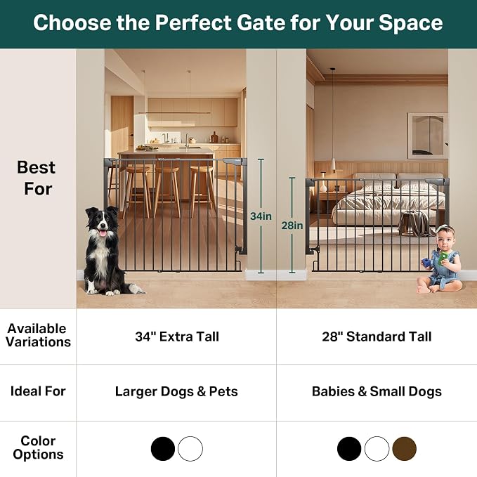 Cumbor 34" Extra Tall No Bottom Bar Baby Gate for Stairs, Hardware Mounted Dog Gate Indoor for Larger Pets, Expandable 29.2-43" Safety Gate for Doorways, Wide Walk Thru Door for Easy Access (Black)