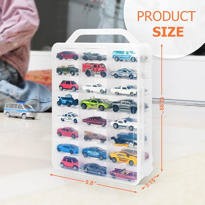 Double Sided Storage Case for 48 Toy Cars, Matchbox Cars, Portable Transparent Storage Case with 48 Compartments, Case Only (Transparent)…