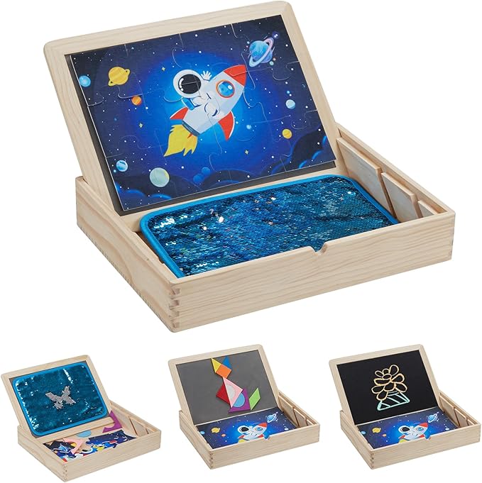 Wooden Sensory Sequin Box |Calm Down Corner Kit with Sensory Sequin Flip Mats,Space-Themed Felt Puzzle & Felt Tangram | Calming Corner Items for Kids -Sensory Room Must Haves