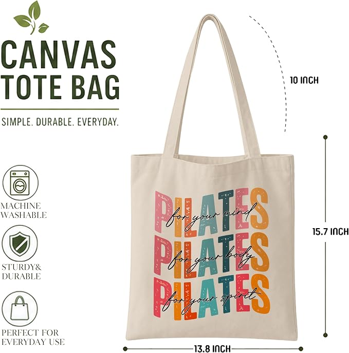 Pilates Canvas Tote Bag for Women Shopping Work Travel with Inner Pocket