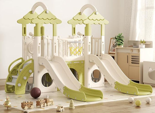YUFU 9 in 1 Toddler Slide, Kids Slide Playset with Double Slide, Climber, Basketball Hoop, Tunnel and Storage Space, Indoor Outdoor Playground for Toddlers Age 1-3 (Green)