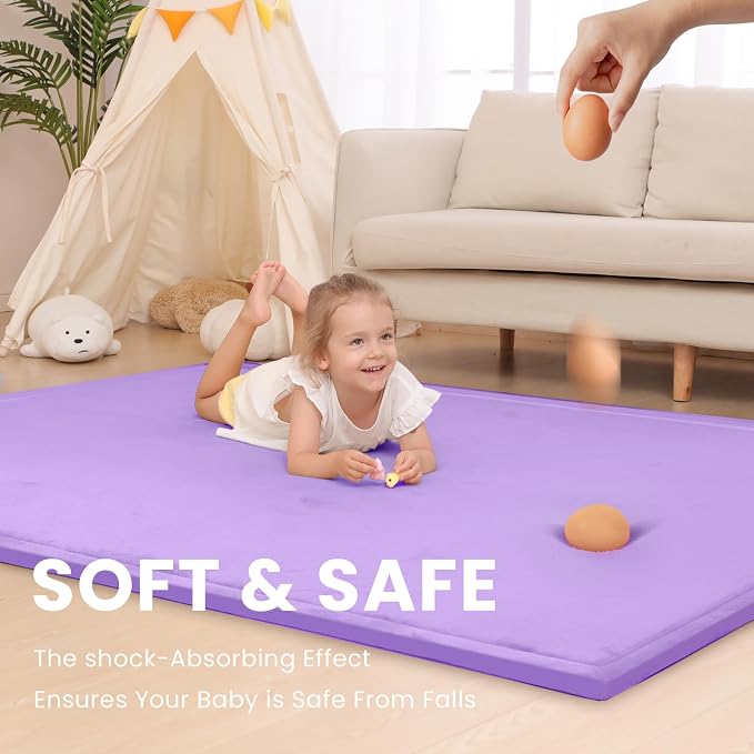 Baby Play Mat for Floor,1.3" Thick Elasti-Foam 50x50 Playpen Mat for Toddlers Infant kids,Water-Repellent Soft Coral Velvet for Tummy Time,Non-Slip Backing for Crawling,Tatami Style(Lavender)