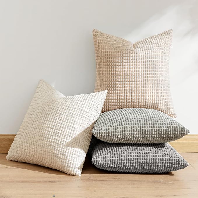 MIULEE Boho Farmhouse Decorative Pillow Covers 20x20 Inch Set of 4 Neutral | Rustic Modern Neutral Home Decor, Couch Throw Pillows, Corduroy Pillowcases for Sofa Living Room Bed