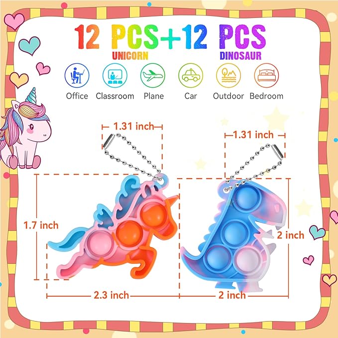 24 Pack Unicorn Dinosaur Party Favors for Kids Goodie Bags Stuffers Pop Fidget Toys Bulk Its,Unicorn Toys Pinata Stuffers Birthday Party Favors Small Kids Mini Classroom Prizes Pop Keychain It