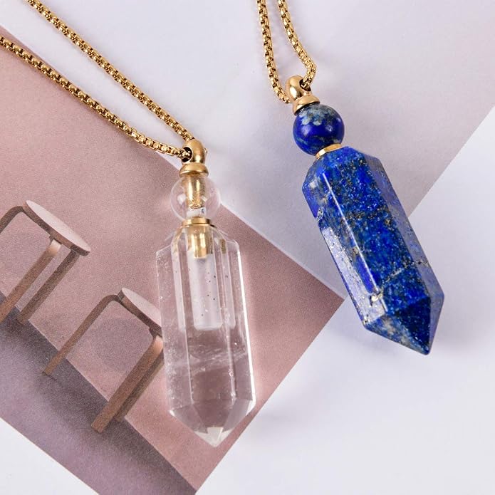 YGLINE Perfume Bottle Necklace,Essential Oil Bottle Pendant,Hexagon Prism Bottle Pendant,Various Gemstones,Healing Stones,Women Gifts
