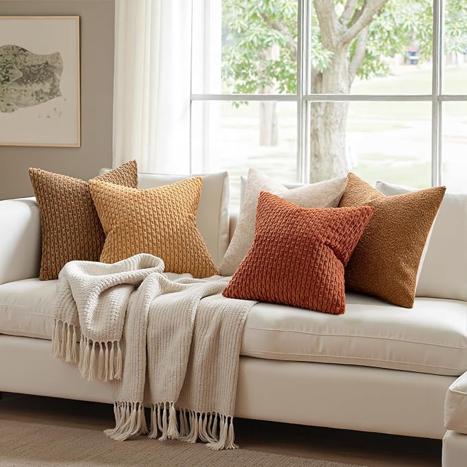 MIULEE Euro Sham Fall Decorative Throw Pillow Covers 22x22 Rust Corduroy | Terracotta Textured Striped Pack of 2 Striped Pillow Covers Modern Farmhouse Autumn Home Decor for Couch Bed Sofa Living Room