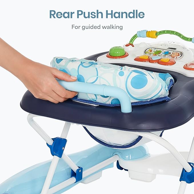 Dream On Me Go-Getter Baby Walker with Rear Push Handle, 2-in-1 Activity Walker and Walk-Behind, 3 Height Adjustments, Easy to Fold, Machine-Washable Seat Pad, Detachable Fun Tray, Blue