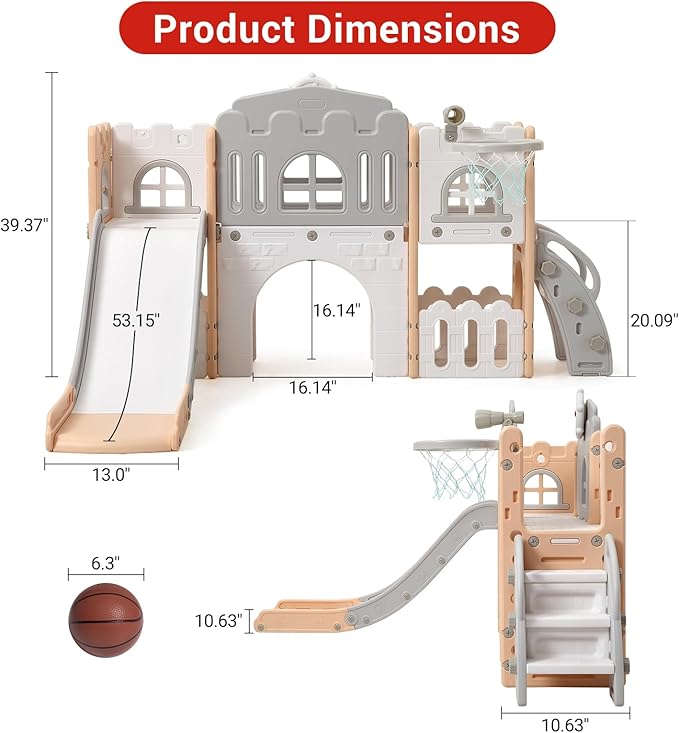 8 in 1 Toddle Slide Playset, Indoor Playground for Kids 1-3， Toddle Outdoor Playset with Slide, Climber, Tunnel, Basketball Hoop, Storage Space and Telescope for for Boys Girls, Pink Gray