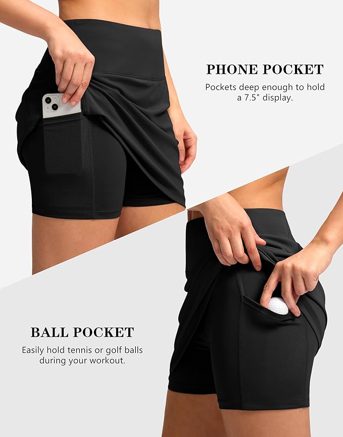 Women's Golf Skirts Skort 4 Side Pockets High Waisted Stretchy Tennis Skirt | Silky Soft, Lightweight, Breathable, Built-in Mesh Shorts, High Waisted, Elastic waistband, Moisture-Wicking, Athletic