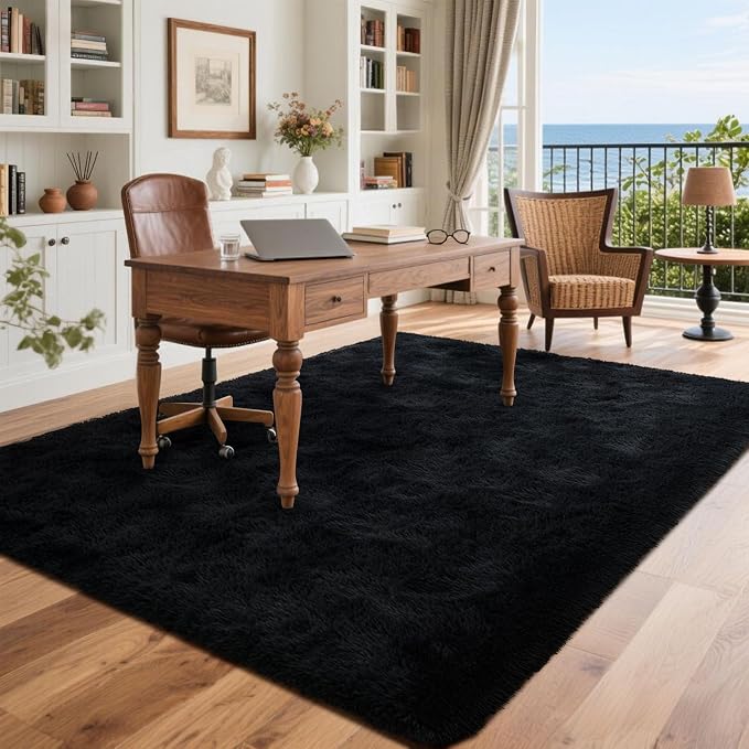 Black Rugs for Living Room Fluffy 4x6 ft Bedroom Rug Non-Slip Area Rugs Shag Carpet for Nursery Kids PlayRoom Dorm Office Indoor Modern Plush Carpets Boys