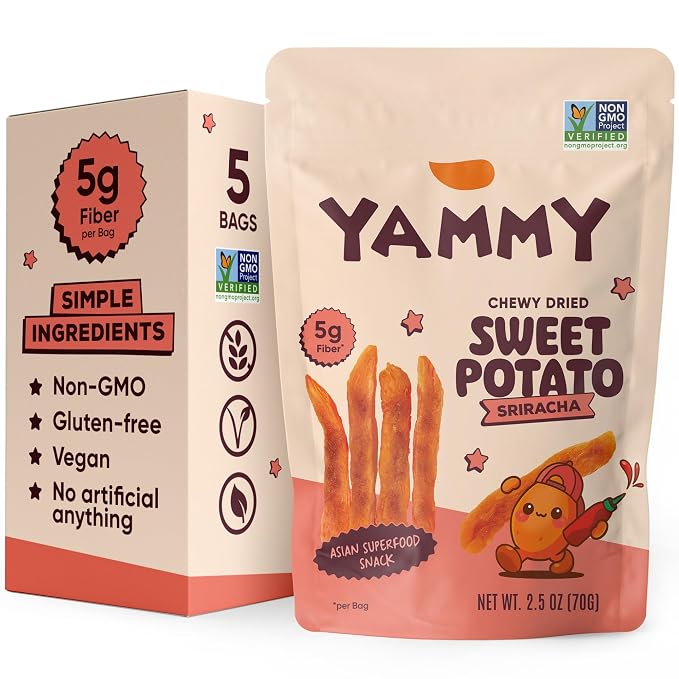 Yammy Chewy Dried Sweet Potato Sticks (Sriracha 5-Pack) - Healthy Asian Snack for Adults & Kids (Japanese, Korean, Chinese Super Food) - No Added Sugar, Vegan, Gluten-Free, 5g Fiber, 2.5oz