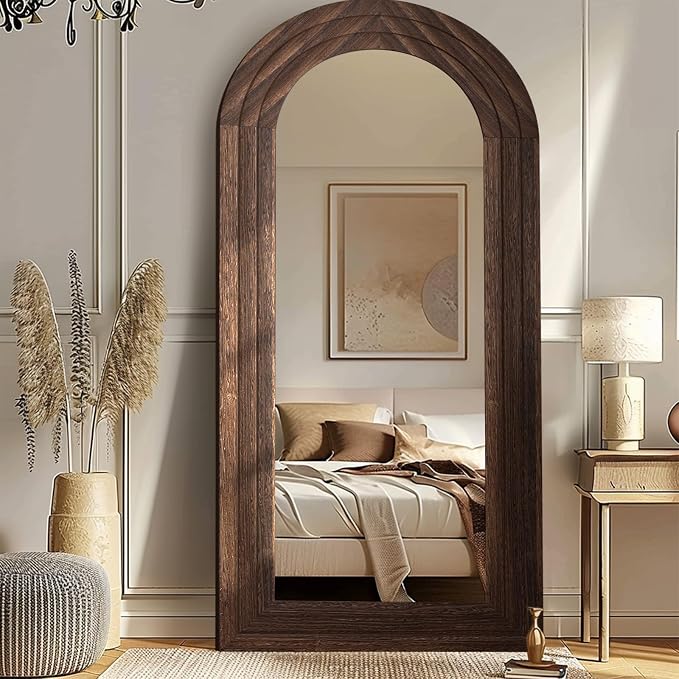 ZHUNFA Arched Full Length Mirror with Solid Wood Frame | 71x32 Farmhouse Wall Mounted Floor Mirror with Stand, Vertical Hanging, Leaning Standing for Bedroom, Living Room, Brown