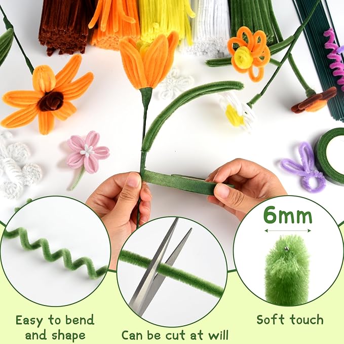 ASTARON 521 Pcs Pipe Cleaners Craft Set, 5 Colors Pipe Cleaners Bulk Pastel Chenille Stems for Craft Pipe Cleaner Flowers Making Kit with Floral Wires, Gardening Tape(Orange Yellow Brown)