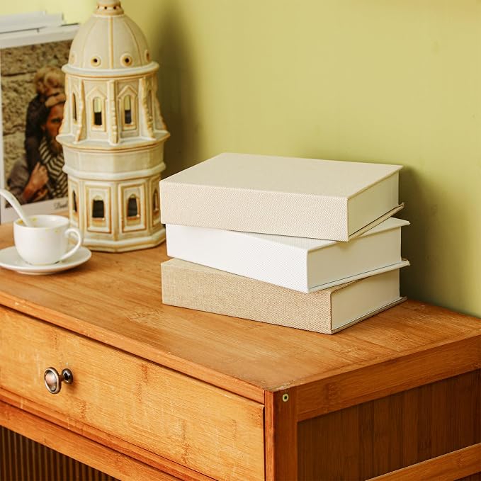 Tioncy 3 Pcs Decor Linen Faux Book Box Set Aesthetic DIY Fake Linen Book Box for Decor Storage Cafe Table Bookshelf Gift Home Keepsake(8.6 x 6.1 x 1.8 Inch,Multicolor)