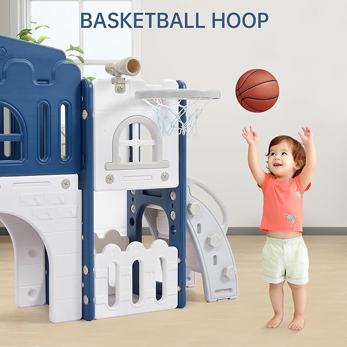 GarveeHome 8 in 1 Toddler Slide, Toddler Outdoor Playset with Slide, Climber, Tunnel, Basketball Hoop, Toy Storage and Telescope for Toddlers Age 1-3, Blue