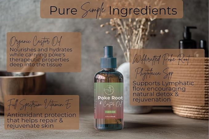 Organic Poke Root Castor Oil | Mess Free Glass Pump | Lymphatic Support | Cysts, Boils, Fibroids, Swollen Lymph Nodes, Breast & Joint | Small Batch USA Made (2oz, Unscented)