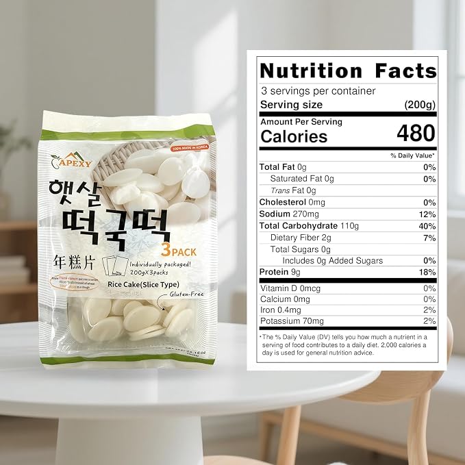 APEXY Sliced Korean Rice Cakes for Tteokguk Soup, Authentic Chewy Oval Rice Cake Slices, Gluten Free Korean Rice Cakes for Hot Pot, Stir Fry & Asian Cooking, 21 oz Pack of 1