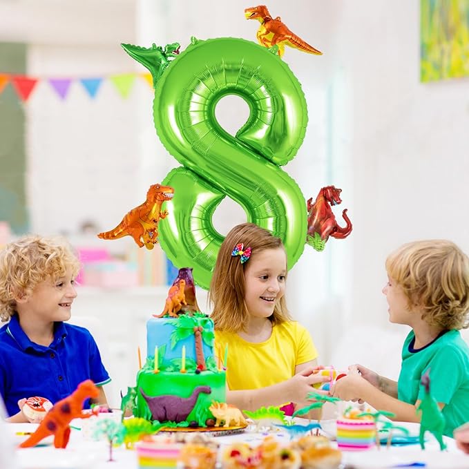 Dinosaur Green Number 8 Balloon, 40 Inch Big Large Foil Helium Green Number Balloon with 4 Pcs Mini Dinosuar, Dinosuar Mylar Balloons Set for 8 Year Old Birthday Party Decorations Supplies