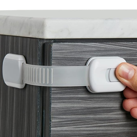 Child Safety Strap Locks (6 Pack) Baby Locks for Cabinets and Drawers, Toilet, Fridge & More. 3M Adhesive Pads. Easy Installation, No Drilling Required, White/Gray