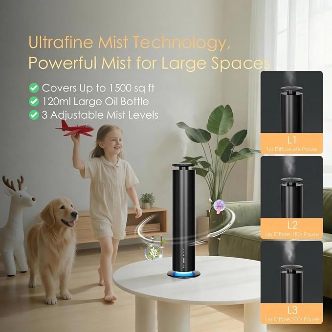 Somniare Waterless Essential Oil Diffuser, 1500 Sq. Ft Coverage Quiet Scent Diffusers for Homes, Hotels, Spas, Adjustable Mist, Included 5 Scent Oils(3.3OZ), Safe for Kids&Pets, Black