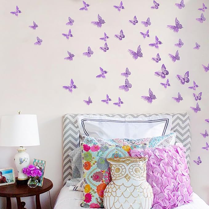 SAOROPEB 3D Butterfly Wall Decor 48 Pcs Purple Butterfly Decorations | 4 Styles 3 Sizes, Birthday Decorations Butterfly Party Decorations Cake Decorations, Removable Stickers