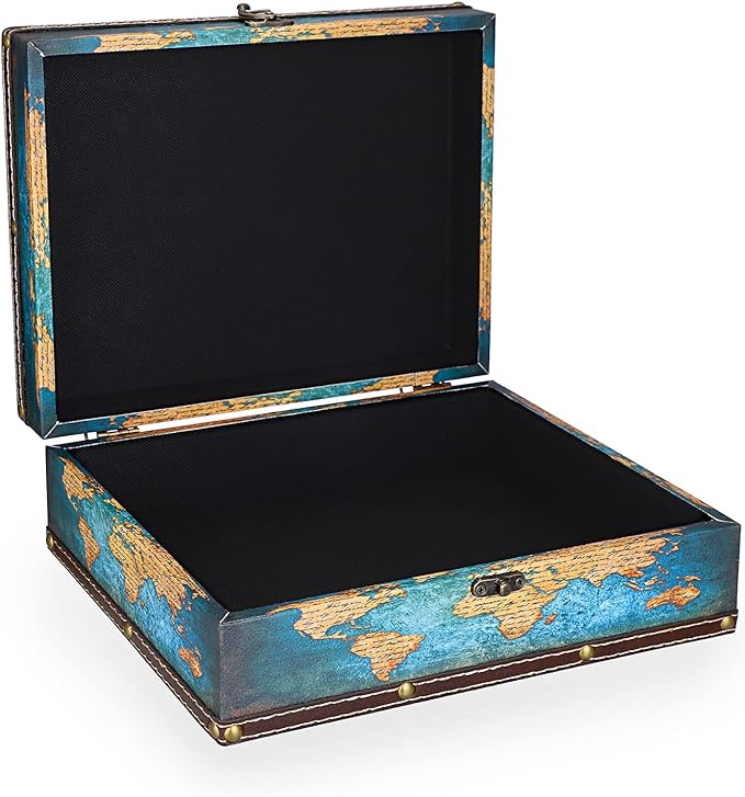 ELLDOO Decorative Treasure Chest Box, Wooden + PU Leather Storage Box for Jewelry Trinkets Photos, Rectangular Keepsakes box for Girls Women Gifts, Green Map Pattern
