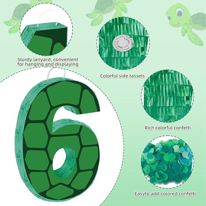 16 Inch Turtle Number 6 Pinata, Turtle Birthday Decorations, Turtle Theme Pinata with 16 Inch Stick Blindfold Confetti for Boy Girl Kids 6th Birthday Party Supplies(6th)