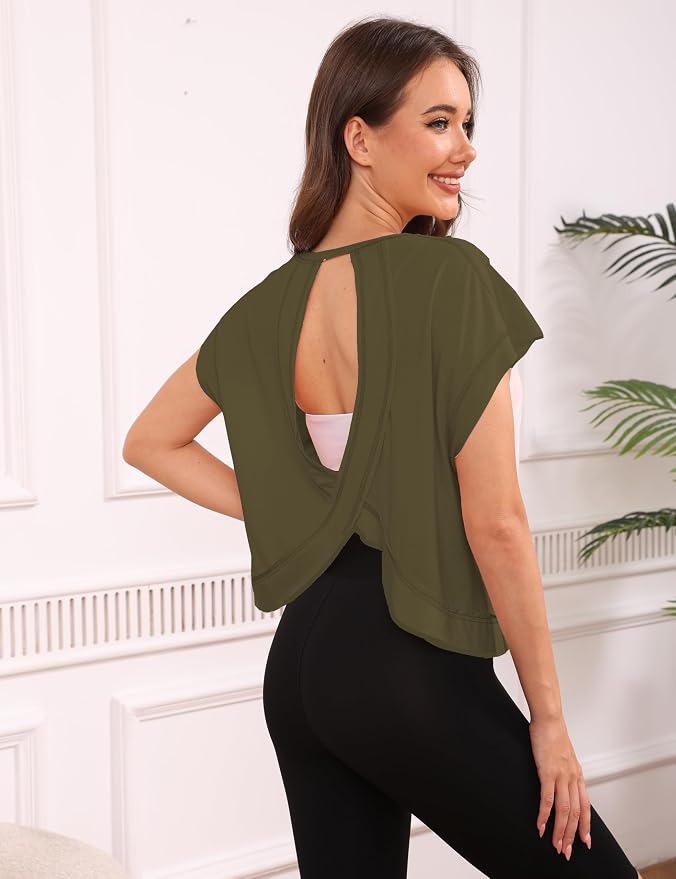 Kumufenc Women Short Sleeve Workout Shirts Open Back Tops Casual Yoga Y2k Athletic Gym Slouchy Crop Running Tees