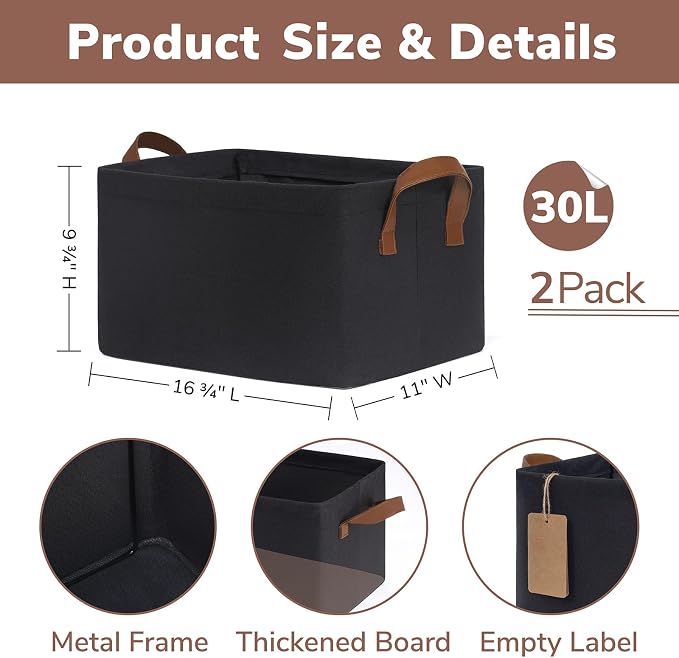 CHICVITA 30L Large Fabric Storage Baskets for Shelves, 2-Pack, Black | 16 ¾" L x 11" W x 9 ¾" H, Metal Frame, Leather Handles, Clothes, Toys & Towels Storage, Closet & Living Room Organization