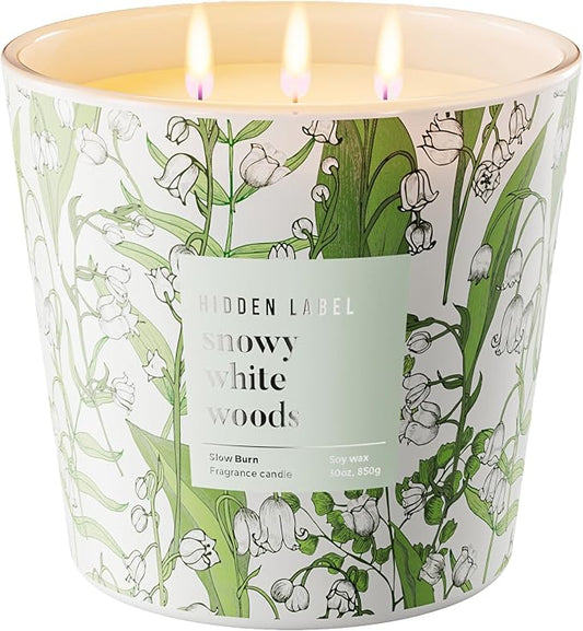 Hidden Label Snowy White Woods Candle, Giant 30oz 3 Wick Soy Candles Non Toxic, Scented Candle White Aromatherapy for Home, 100H Long Lasting Luxury Candles GIF