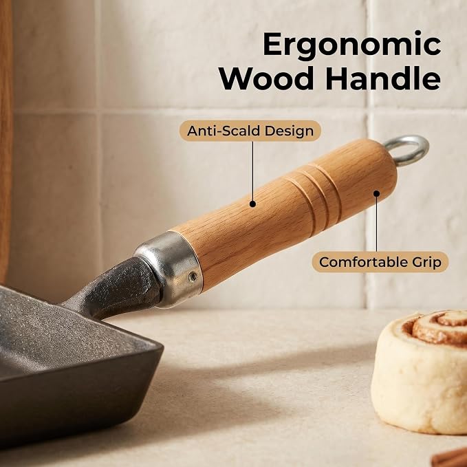 Cast Iron Tamagoyaki Pan Japanese Egg Omelette Pan Skillet Wooden Handle