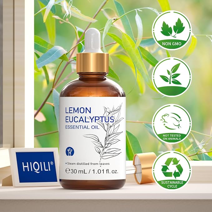 HIQILI Lemon Eucalyptus Essential Oil for Spray, Aromatherapy & Diffuser | Delivers Gentle Indoor & Outdoor Space Protection, Fresh Atmospheres & Household Odor Elimination -30mL / 1.01 fl oz