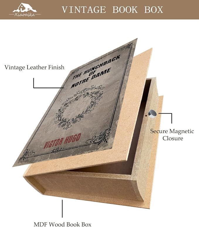 Vintage Faux Leather Decorative Book Box Set of 3 – Wooden Secret Storage Box with Magnetic Closure, Hidden Organizer for Bookshelf, Desk, or Office Decor (The Hunchback of Notre Dame)