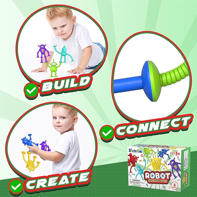 Baby Bath Toys Suction Toy: No Hole Bath Toy for Toddlers - Robot Fidget Suction Cup Toys - Window Building Sensory Toy for Boys Girls Travel Gifts - Easter Basket Stuffers Egg Fillers