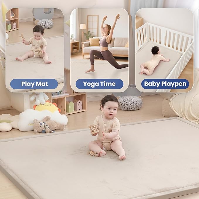 Baby Play Mat for Floor,1.3" Thick Elasti Foam Tummy Time Mat,79"×158“ Extra Large Soft Coral Velvet Nursery Rug,Non Slip Safe for Crawling,Toddlers,Infants,kids,Tatami Style for Living Room,Classroom,Playroom(Beige)