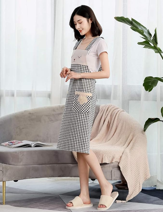 NEWGEM 100% Cotton Cute Plaid Apron with Pockets - Korean Style H-Back Cat Pinafore for Kitchen Cooking, Housewife (Black/White Cat)
