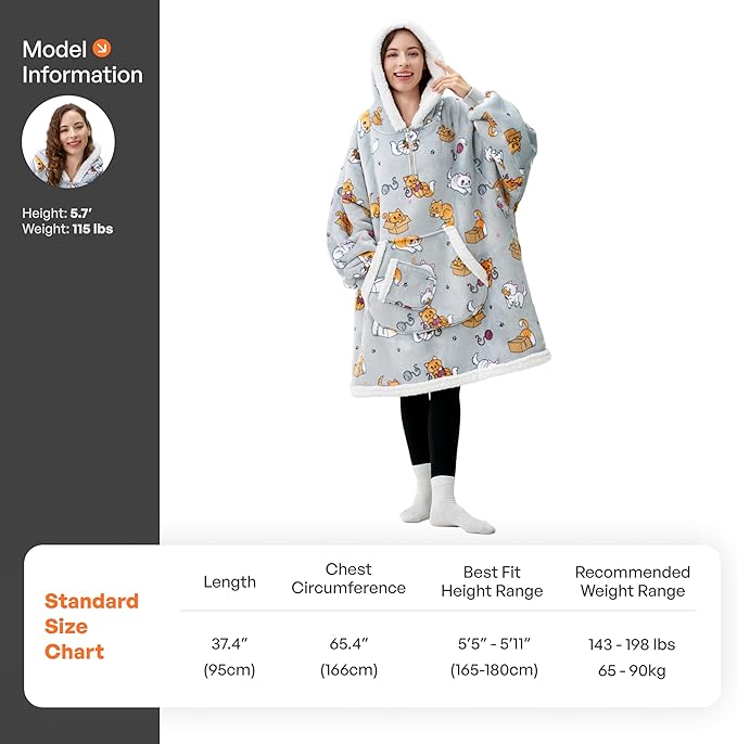 Giggling Getup Wearable Blanket Hoodie for Adults Gifts for Teen Girls Sister Women Sherpa Fleece Printed Hooded Blanket Sweatshirt Warm Cozy with Pocket & Sleeves Grey Cat